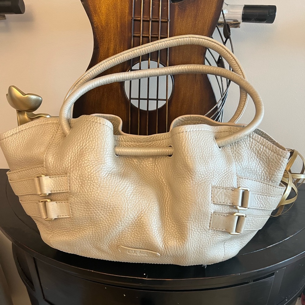 Cole Haan Cream Pebbled Leather Satchel Tote Bag